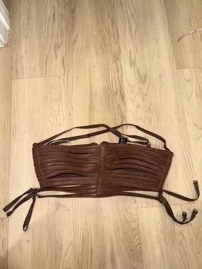 Darker Wavs Fader Strappy Vegan Leather Ribbed Bustier Top - Brown, Size XS